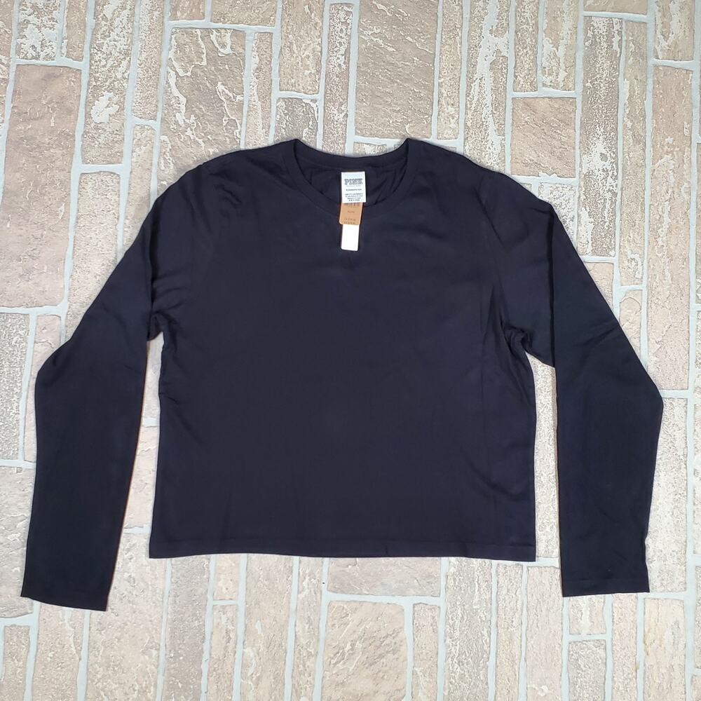 Victoria's Secret PINK Long Sleeve T-Shirt Black Crew Neck Top Womens XL NWT